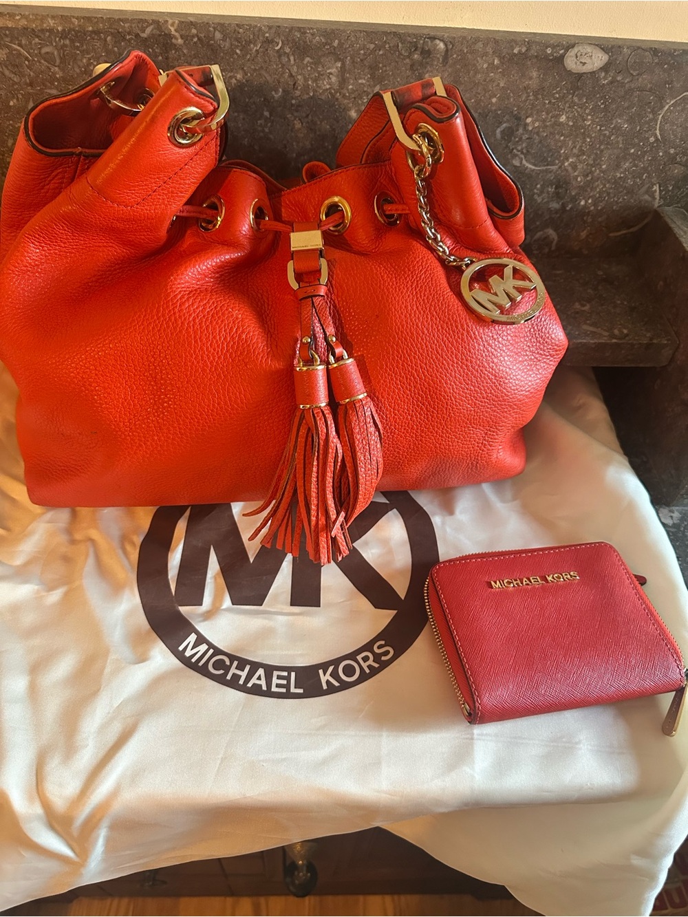 Michael Kors Mandarin Leather Camden  Tassel Drawstring Shoulder Bag with Wallet